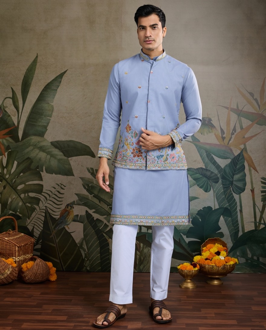 61237-blue - Sky Blue Men's Kurta Koti Set – Stylish & Elegant